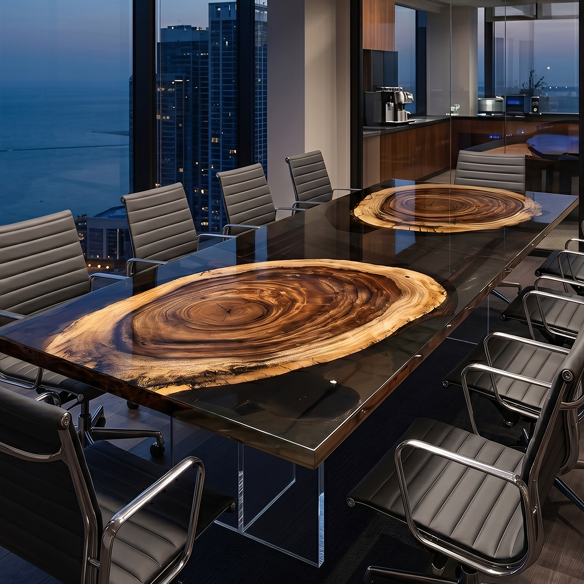 Black Walnut Wood Double Tree Ring Epoxy Resin Conference Table