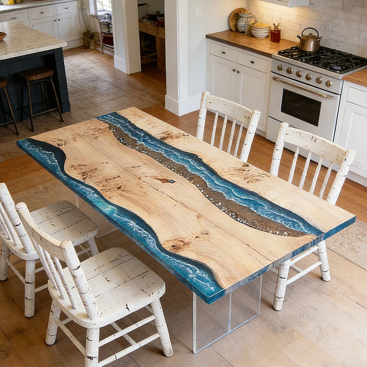 Poplar Wood Blue River Rectangle Epoxy Resin Dining Table