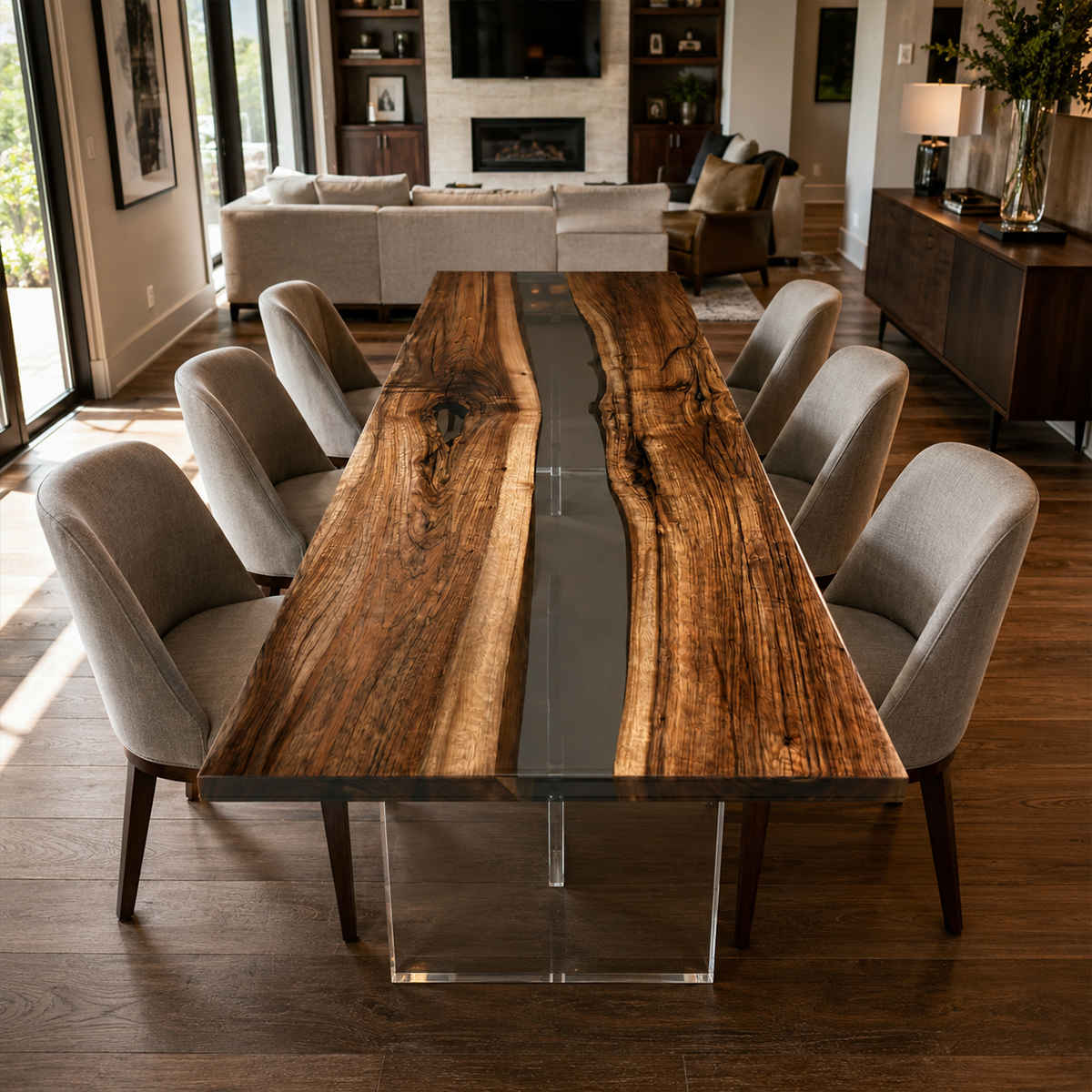 Black Walnut Wood with Transparent Epoxy Resin Dining Table 31.5"W x 78.7"L Thickness 1.6"