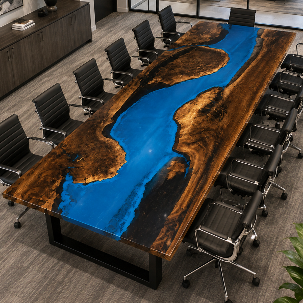 Luxury Black Walnut Wood Blue River Epoxy Conference Table