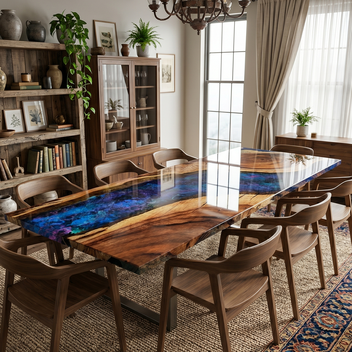 Walnut Wood Nebula Galaxy Epoxy Resin River Dining Table