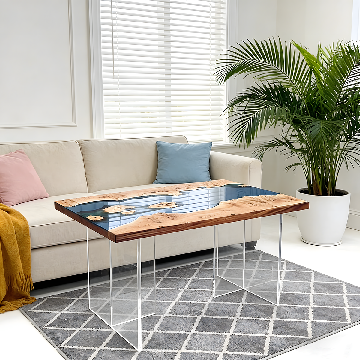 Poplar Wood Blue River Rectangle Resin Coffee Table