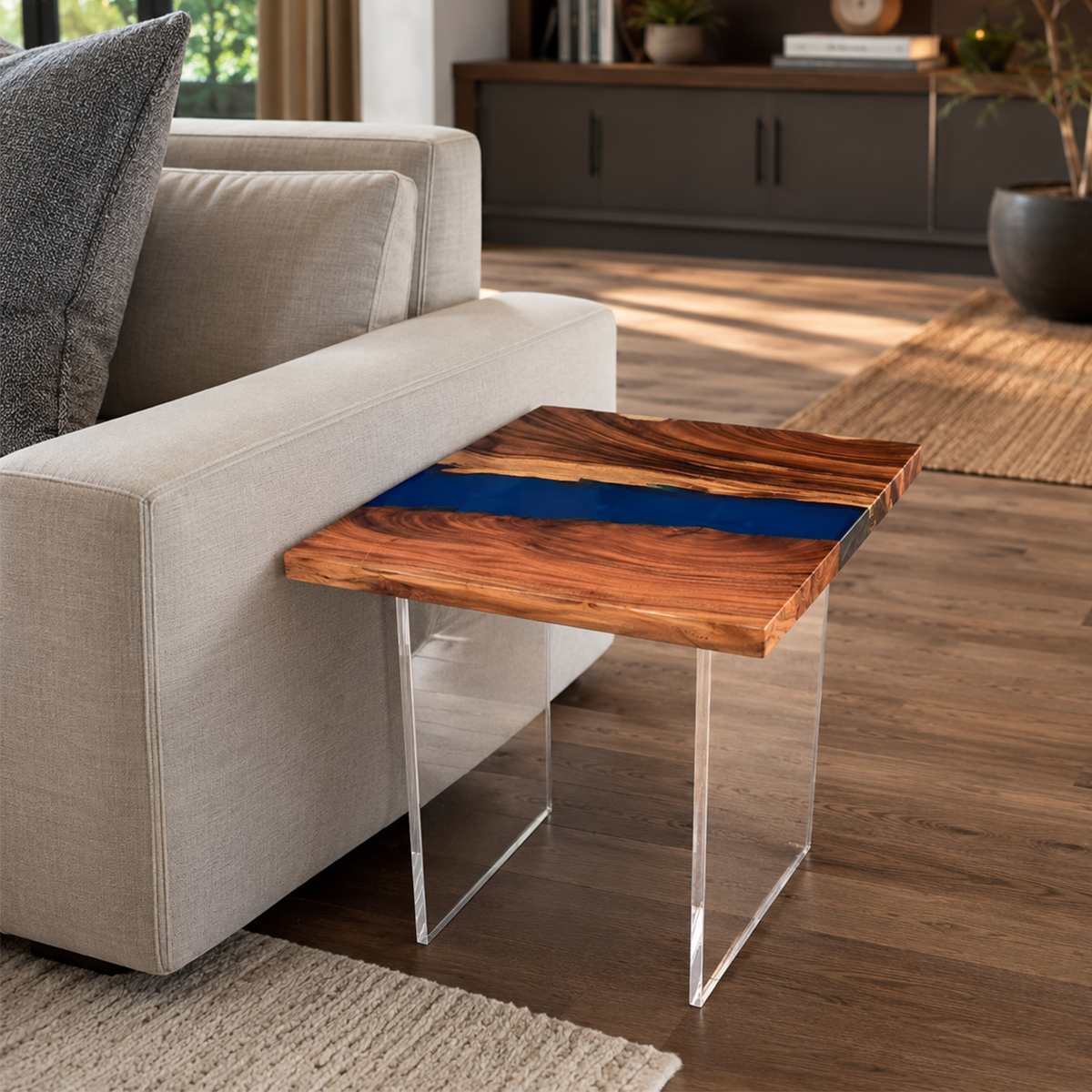 Walnut Wood Resin Blue River Side Table