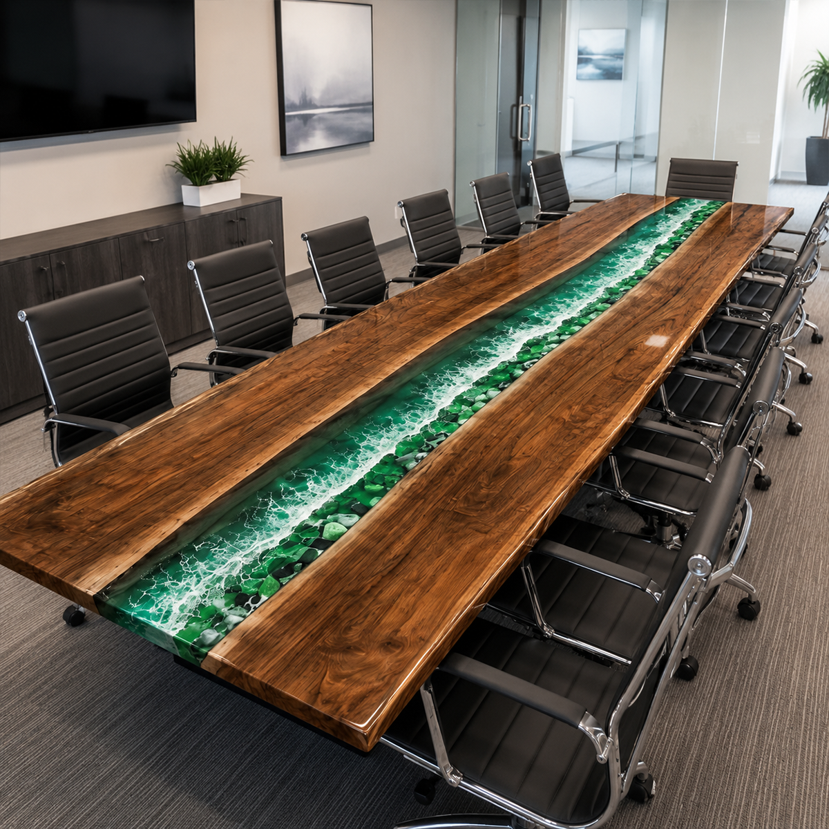 Black Walnut with Green Wave Epoxy Resin Conference Table