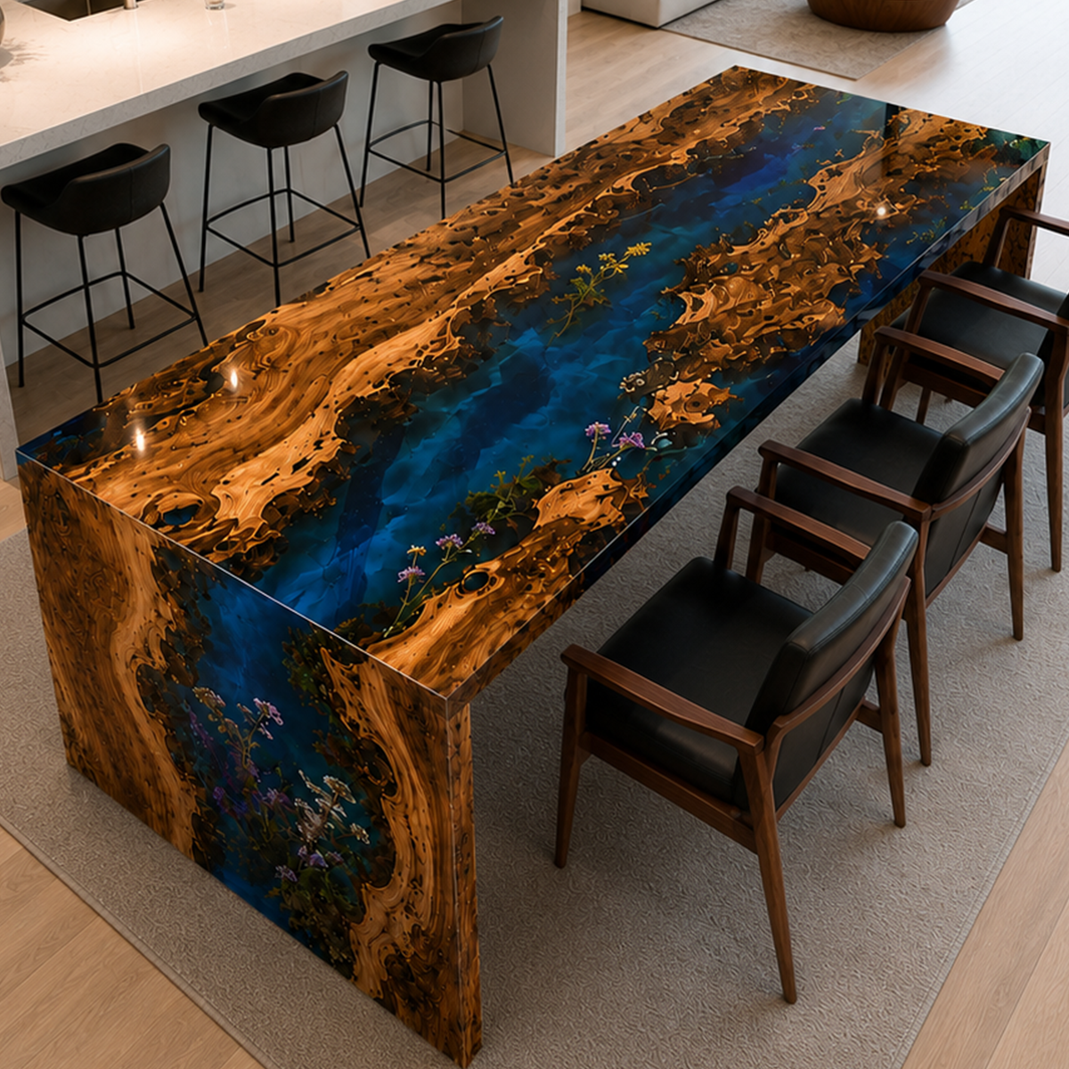 Walnut Wood Flower Blue Epoxy Resin Waterfall Dining Table