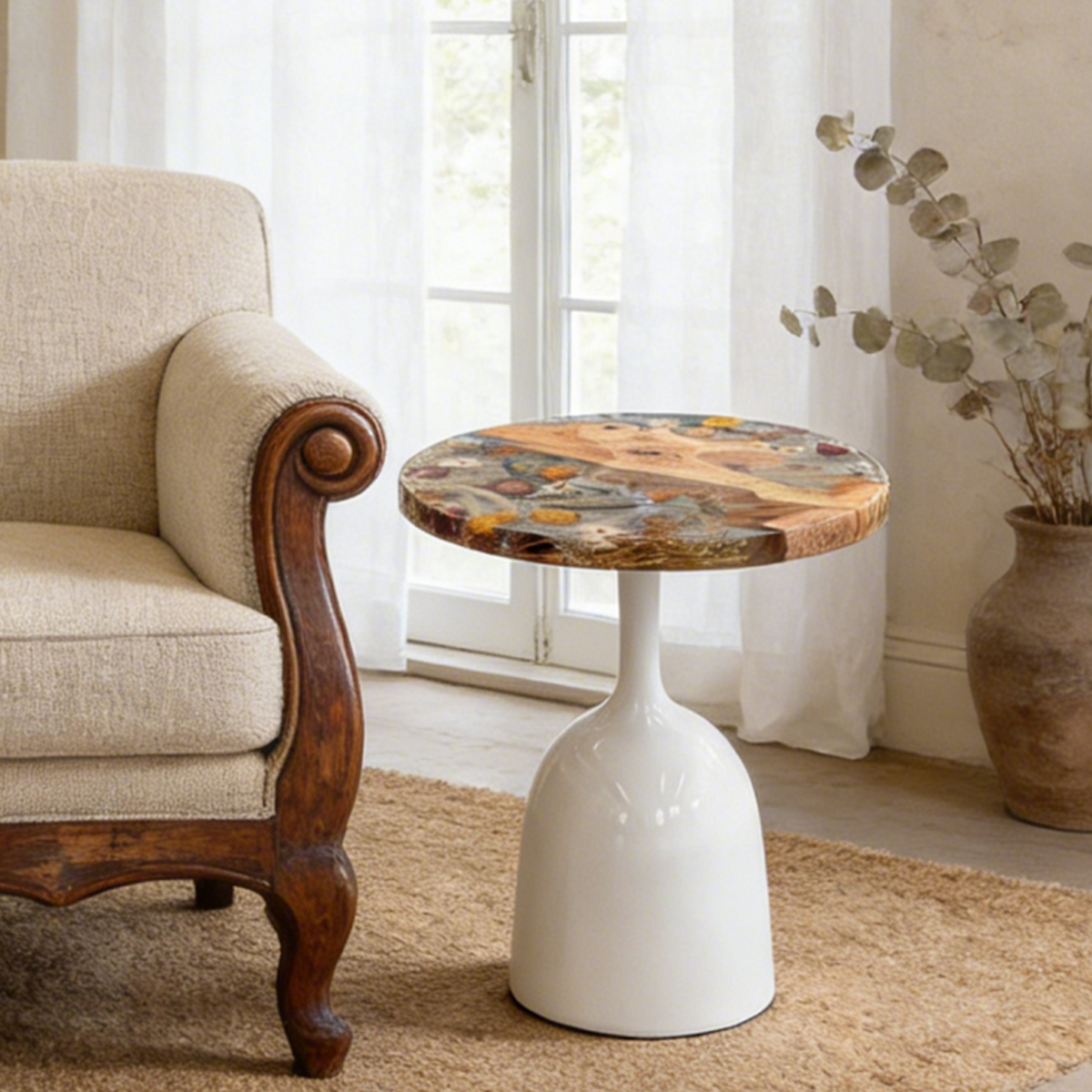Poplar Wood Flower Resin Round Side Table