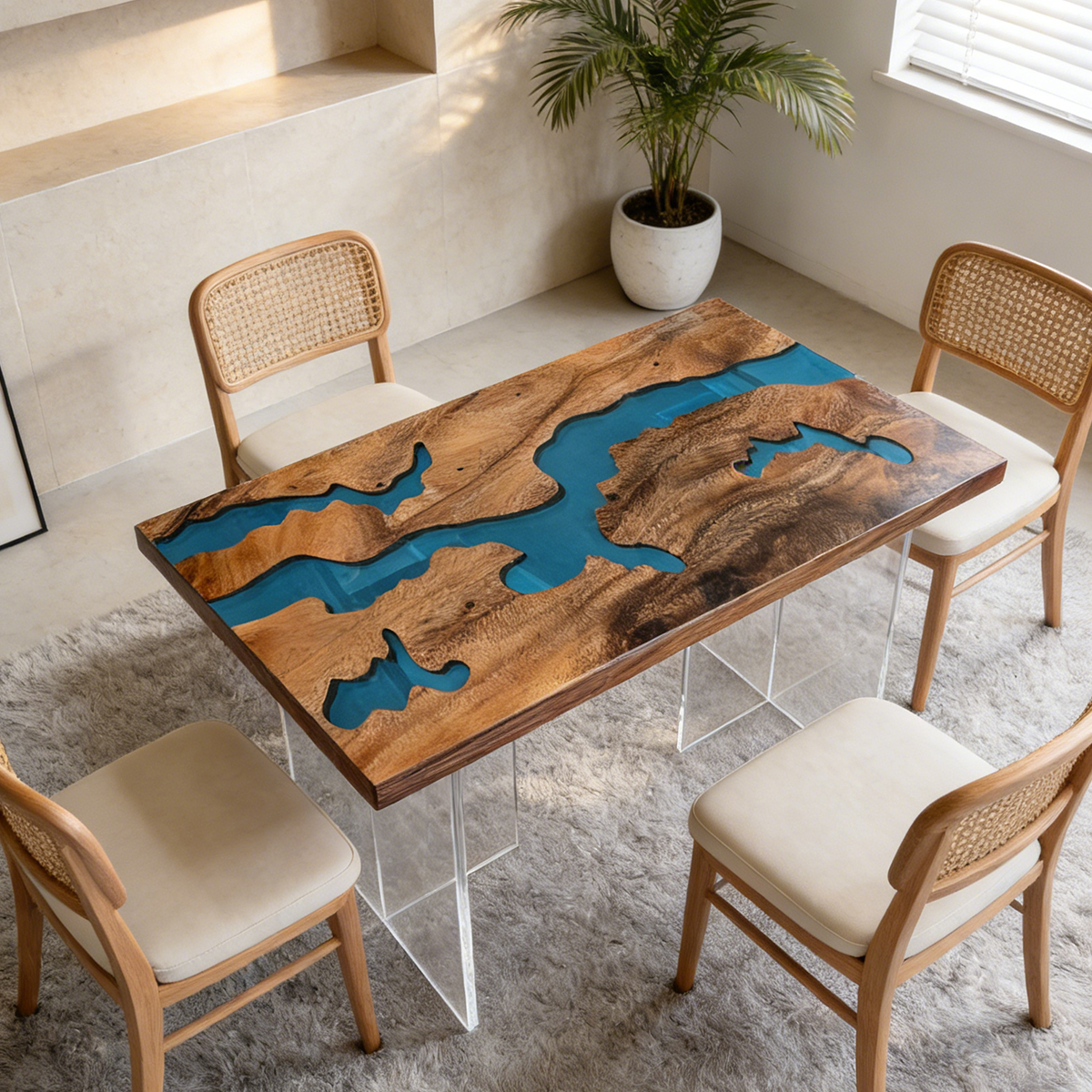 Walnut Wood Blue River Epoxy Resin Dinning Table