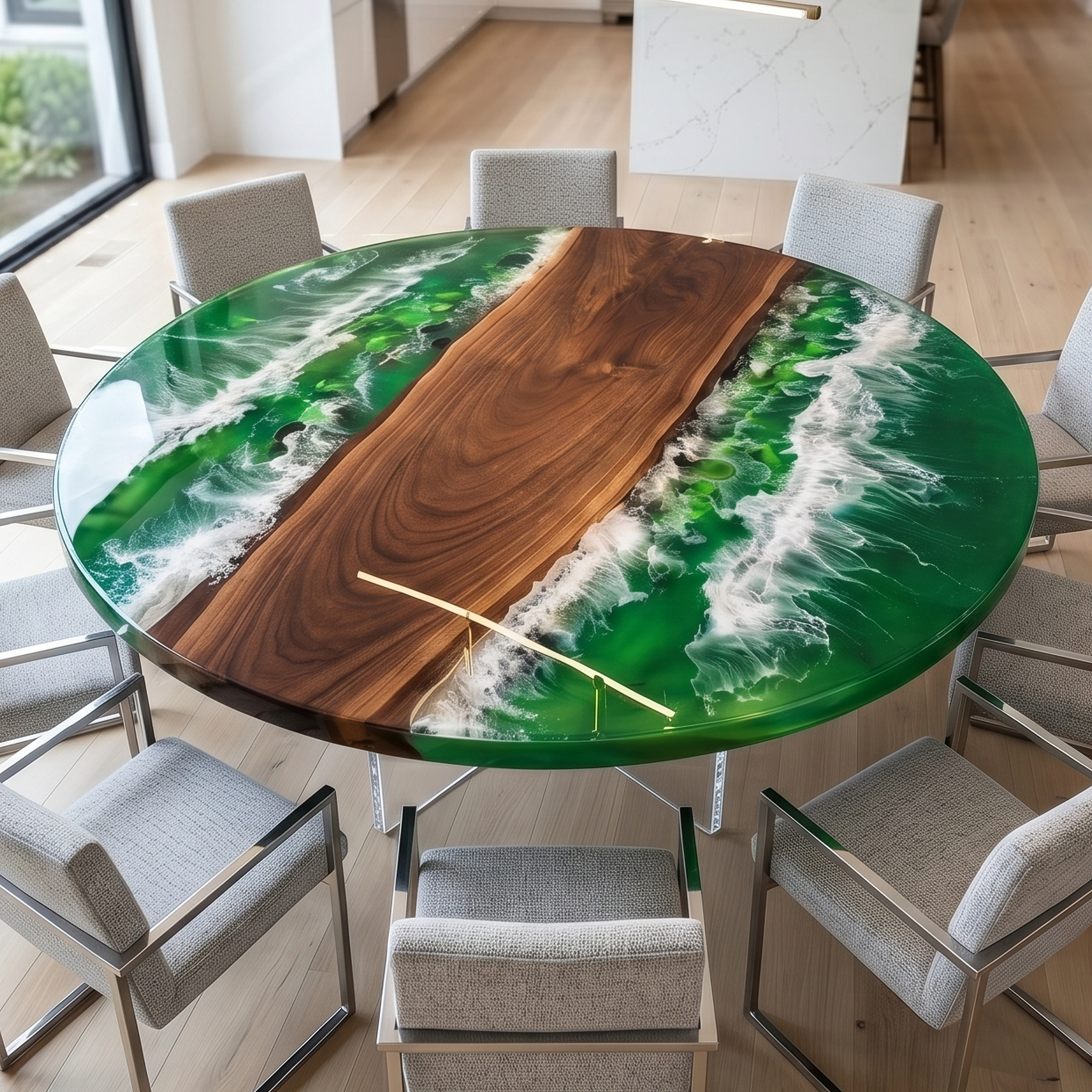Walnut Wood Green Wave Epoxy Resin Round  Coffee Table