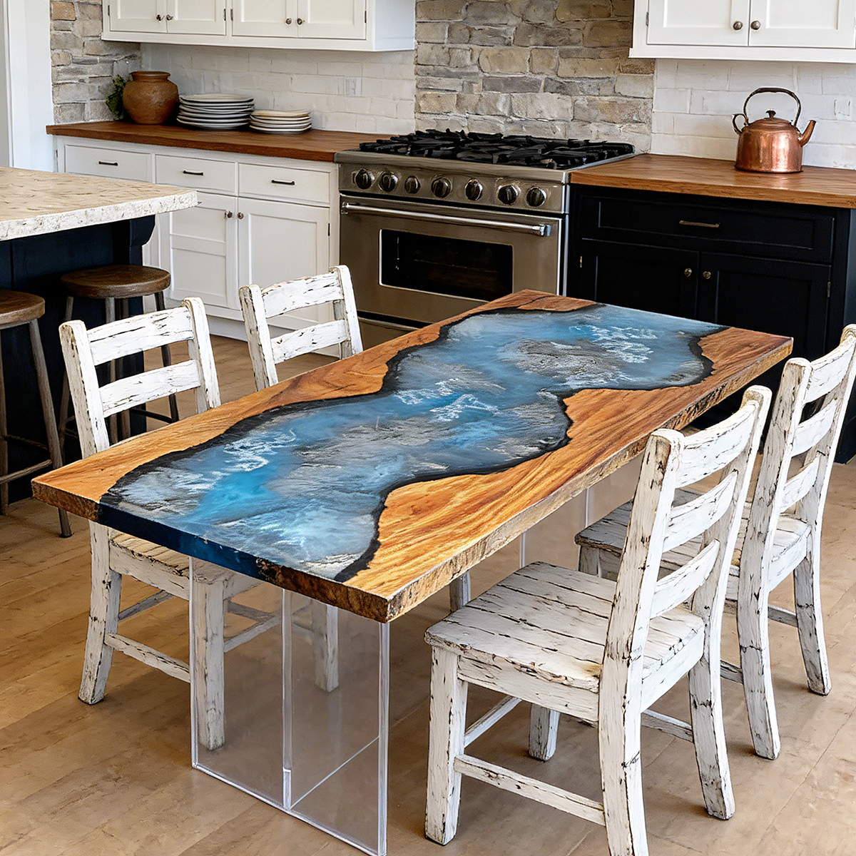 Walnut Wood Blue Lagoon Epoxy Resin Coffee Table 30“W x 71"L Thickness 4"