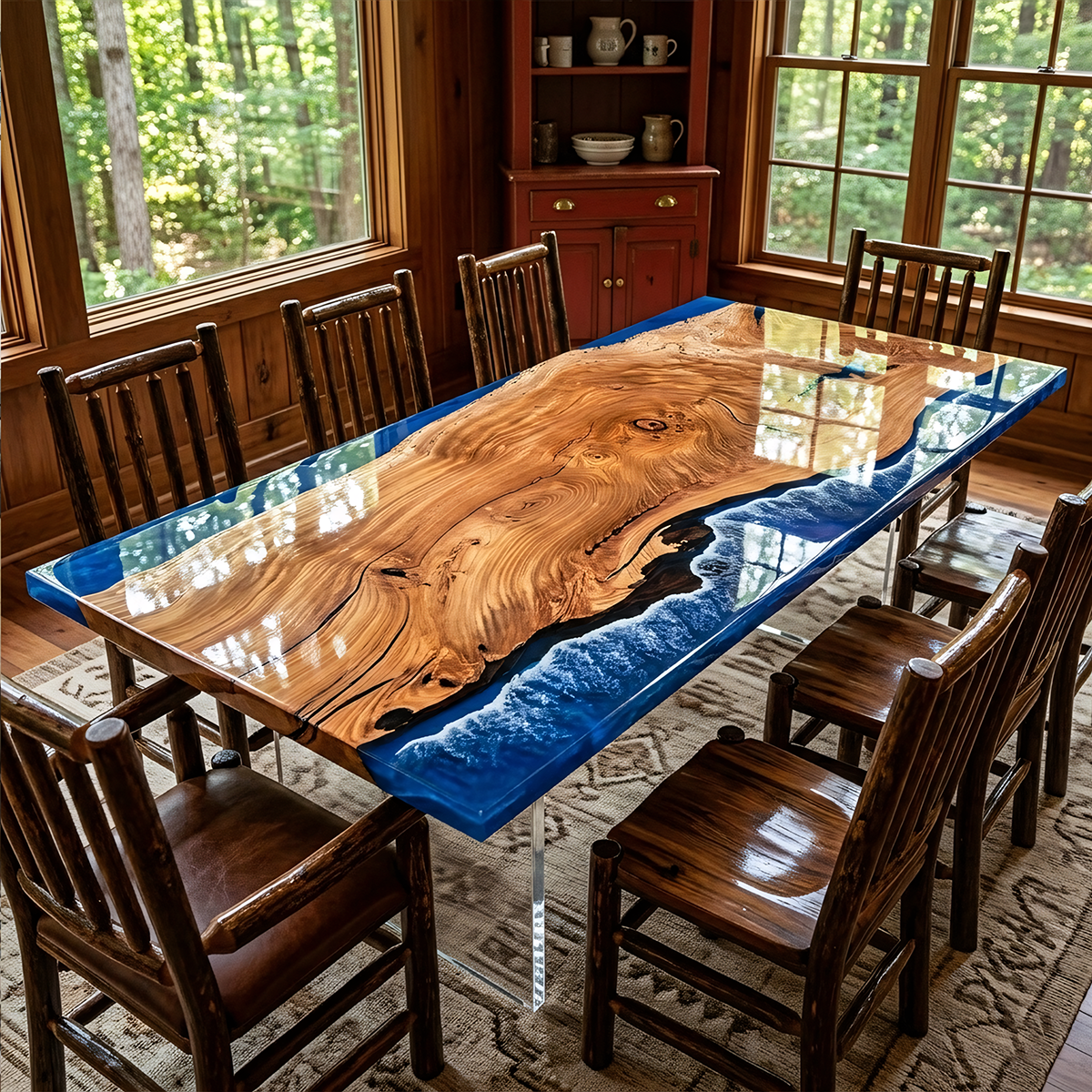 Rectangle Olive Wood Blue Epoxy Resin Ocean Wave Dining Table