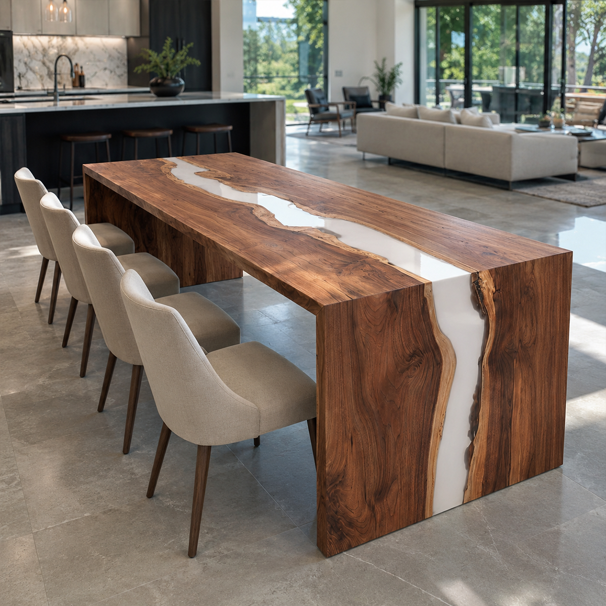 Walnut Wood White Epoxy Resin Waterfall Dining Table