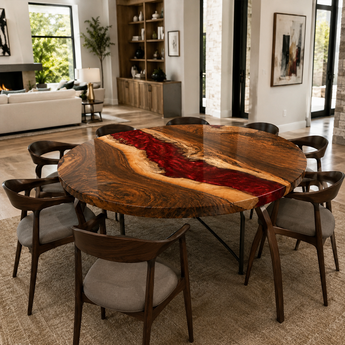 Walnut with Red Epoxy Resin Round Dining Table