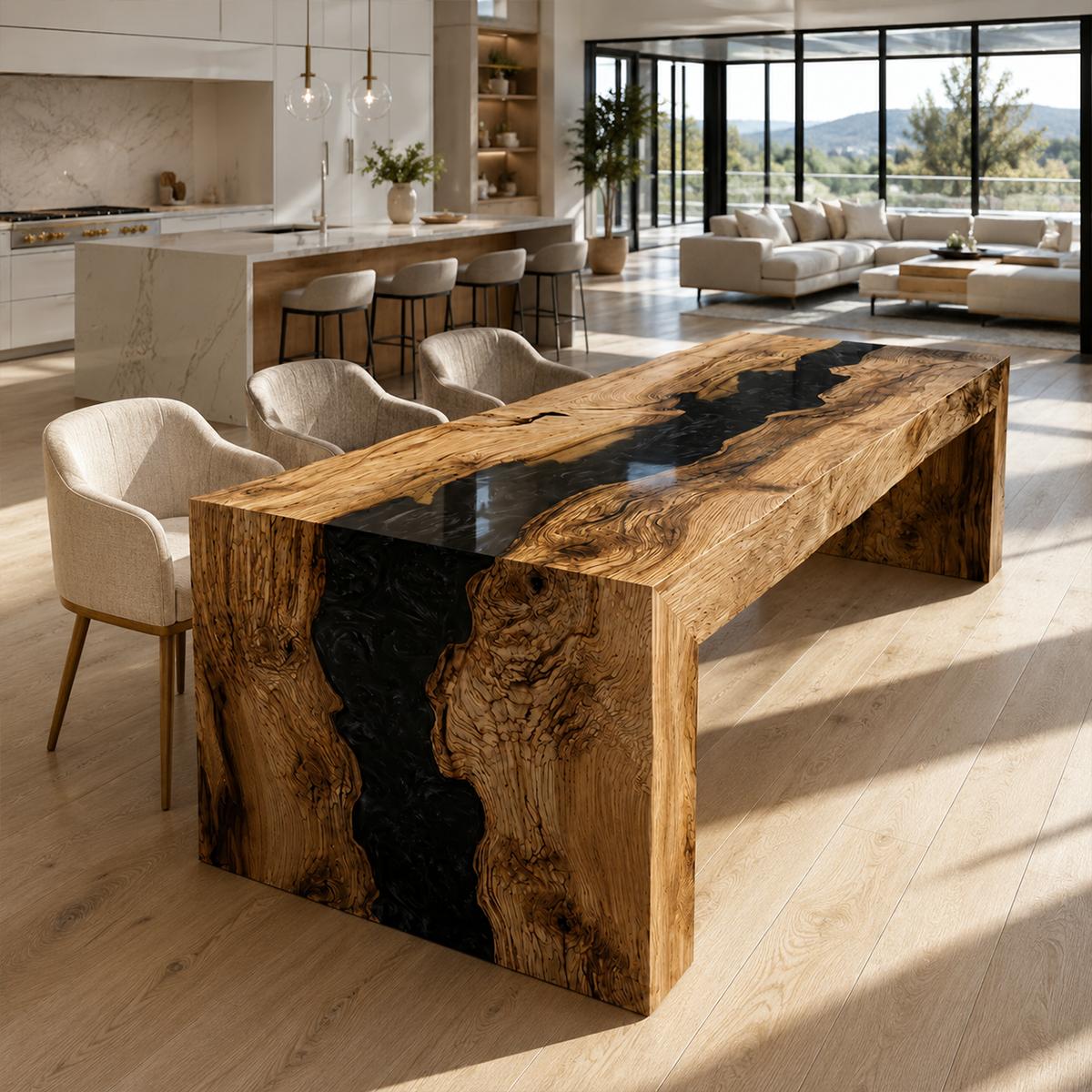 Olive Wood Black River Epoxy Resin Waterfall Dining Table