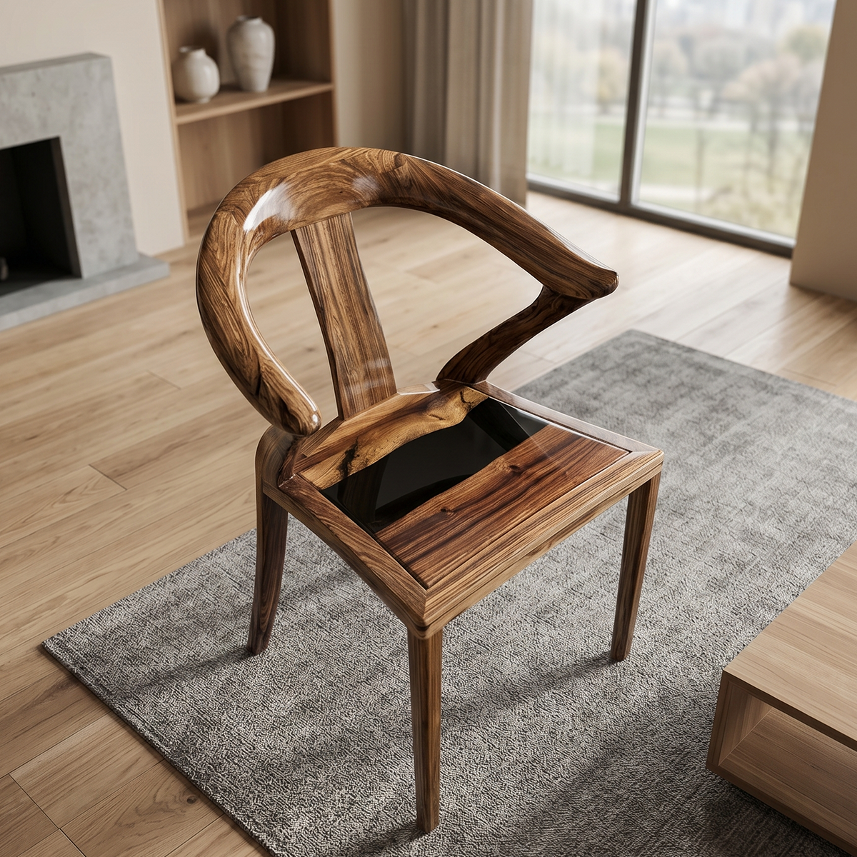 Walnut Wood Epoxy Resin Curved-back Armchair