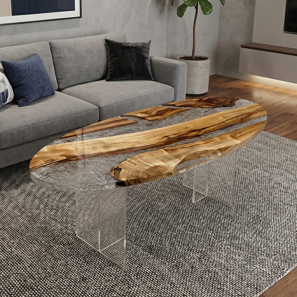 Camphor Wood Elliptical Resin Coffee Table