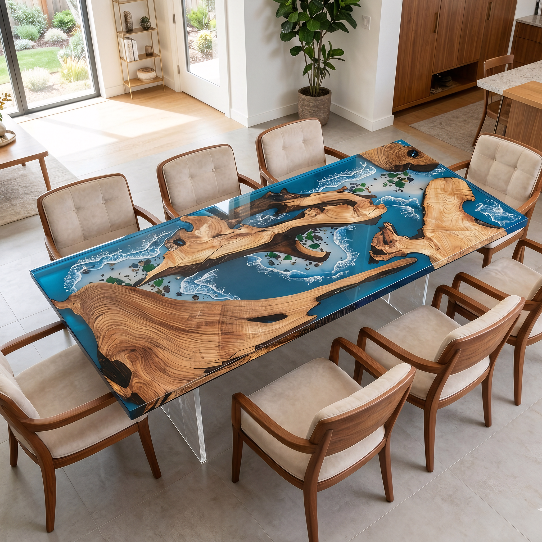 Olive Wood Ocean Scene Rectangle Epoxy Resin Dining Table