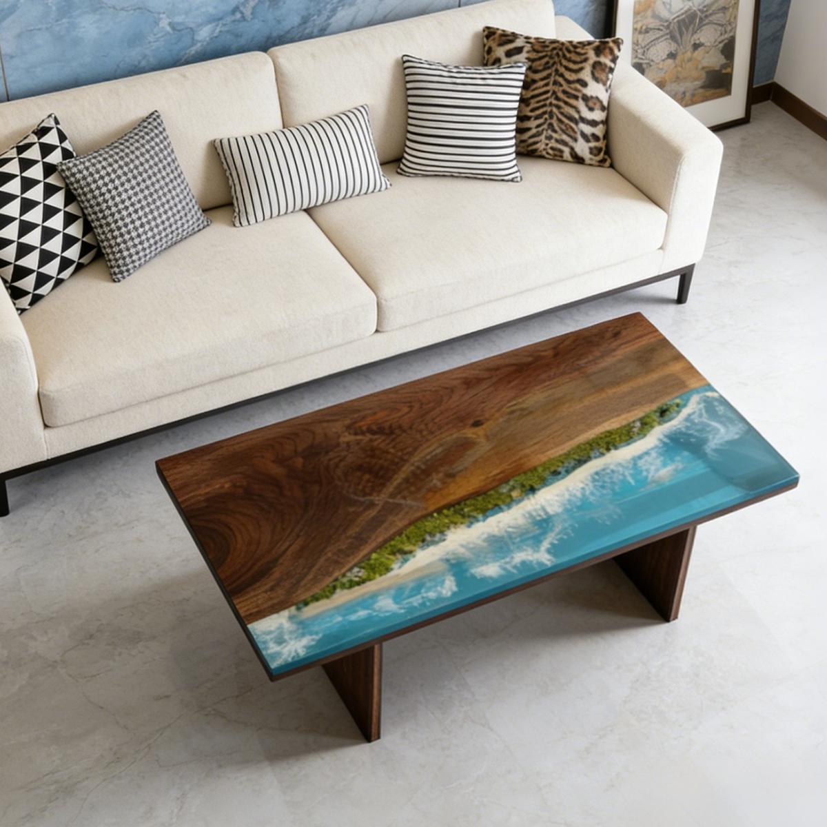 Black Walnut Wood Blue Wave Rectangle Resin Coffee Table