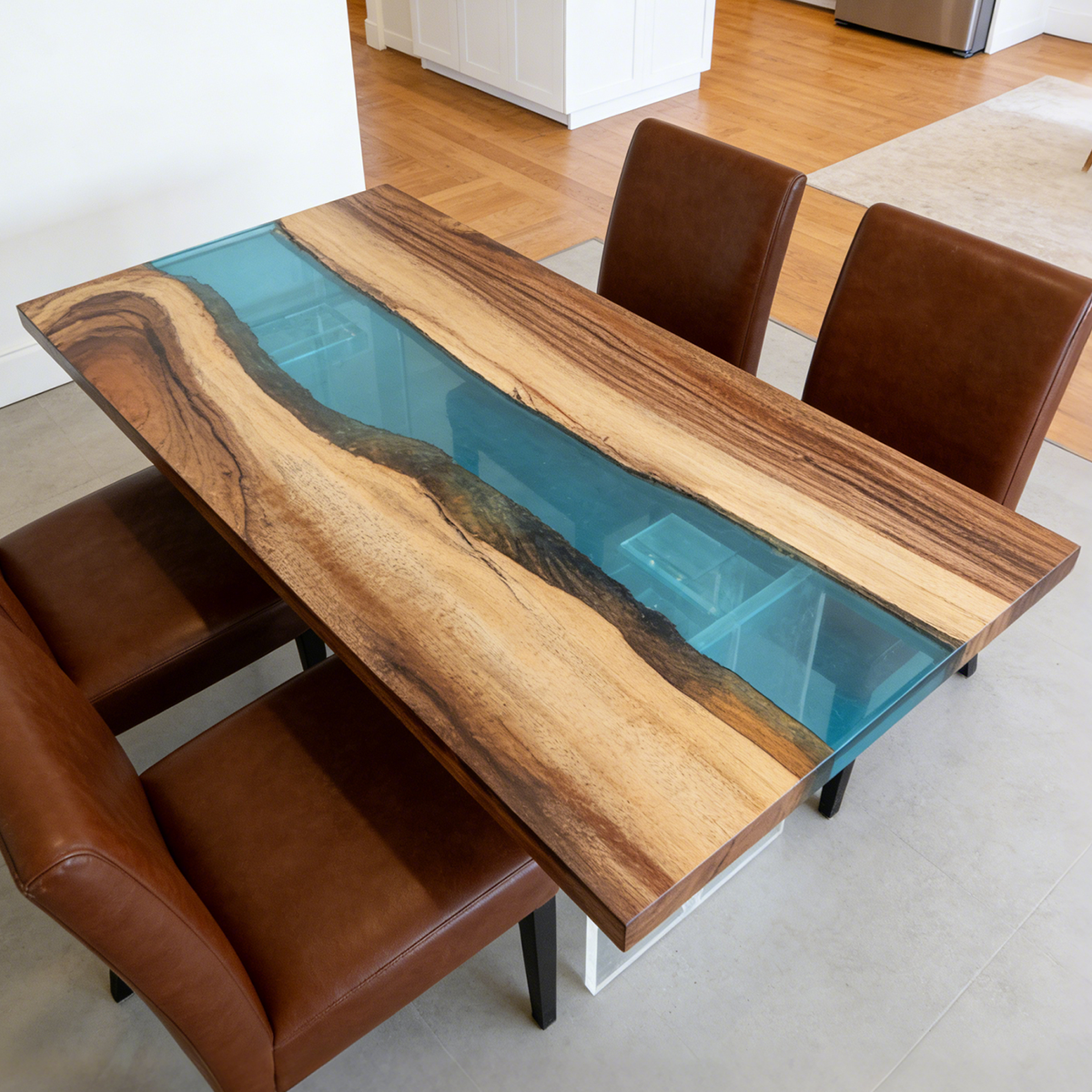 Walnut Wood Transparent Blue Epoxy Resin Dining Table