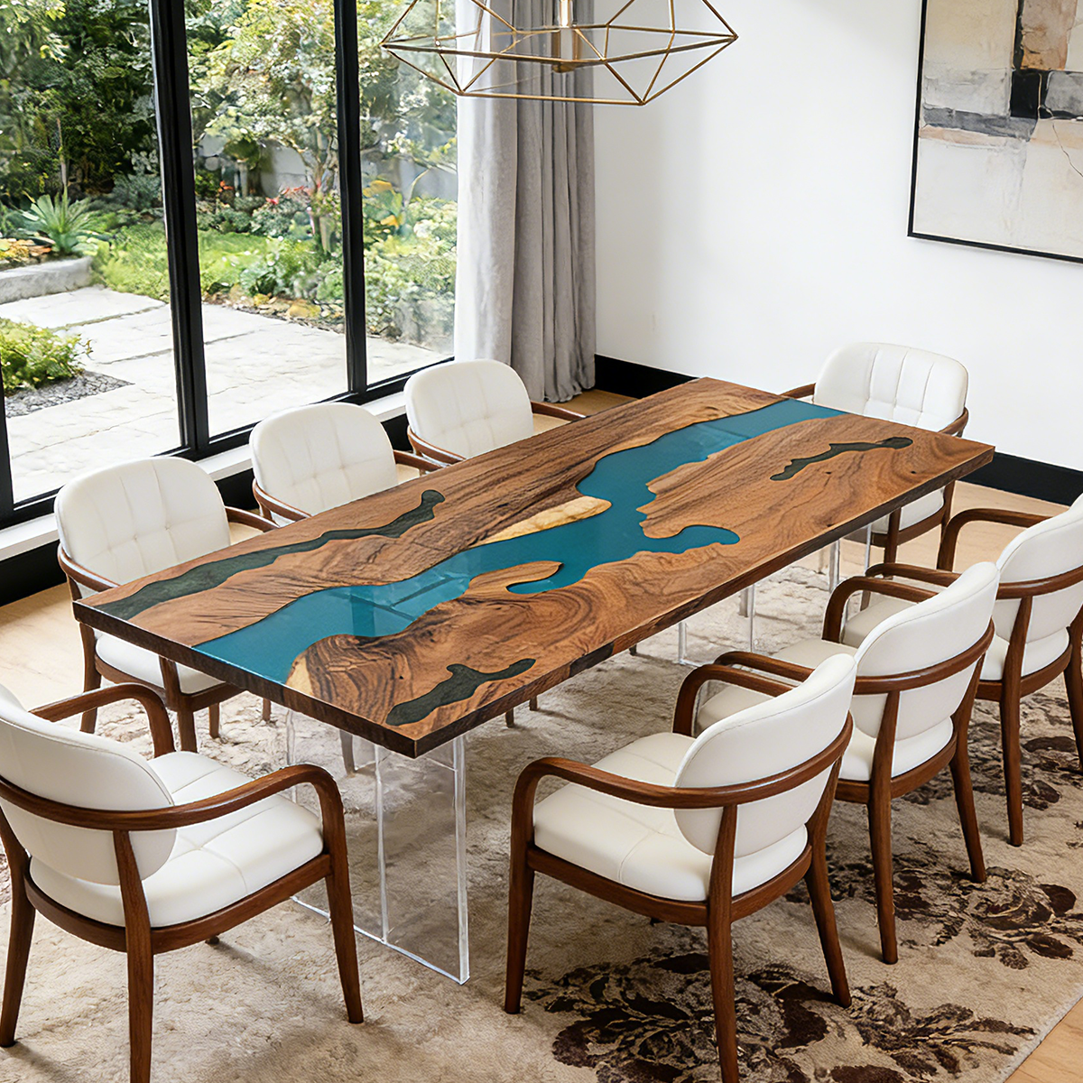 Walnut Wood Blue River Rectangular Epoxy Resin Dining Table