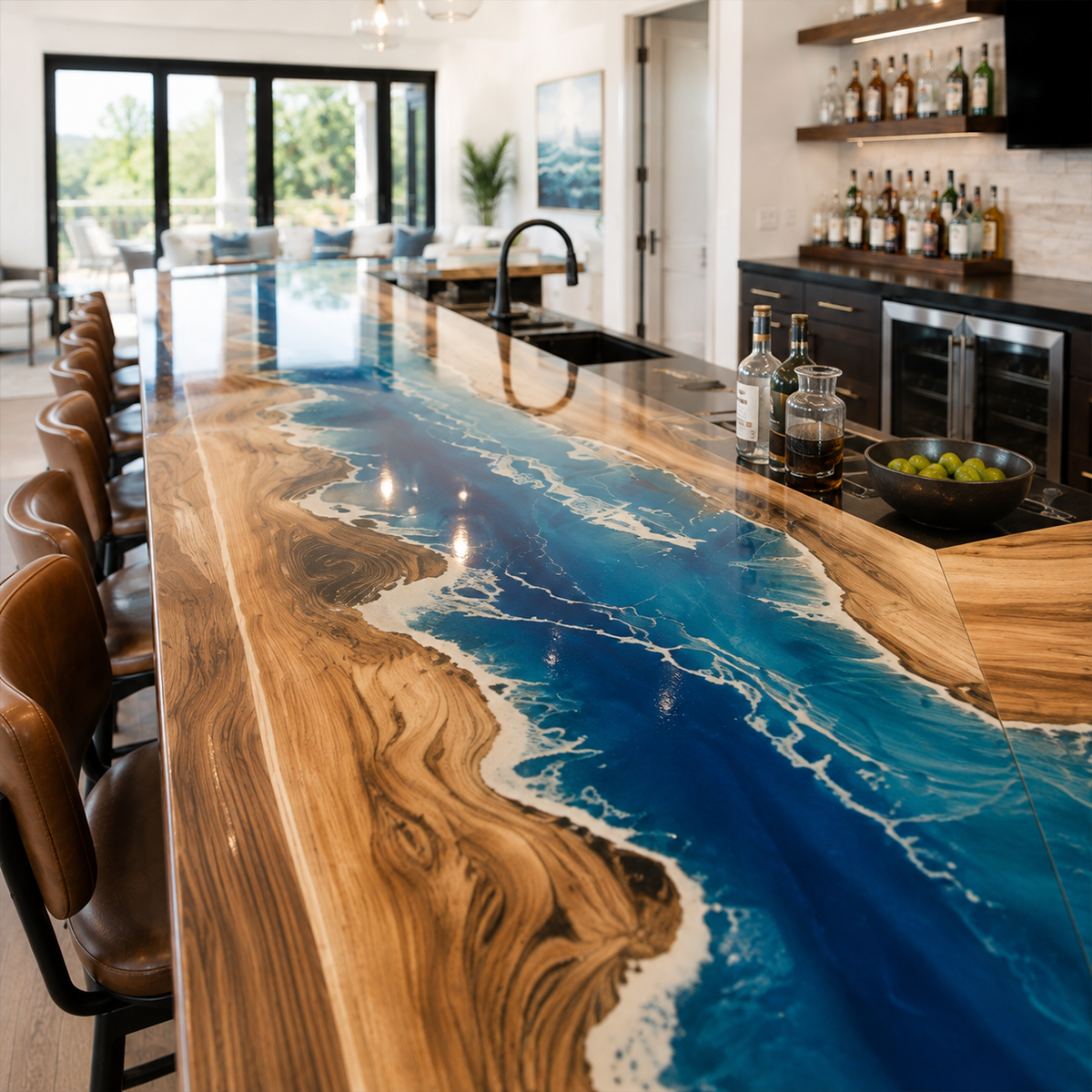 Walnut Wood L-Shaped Ocean Wave Custom Corner Epoxy Resin Bar Table
