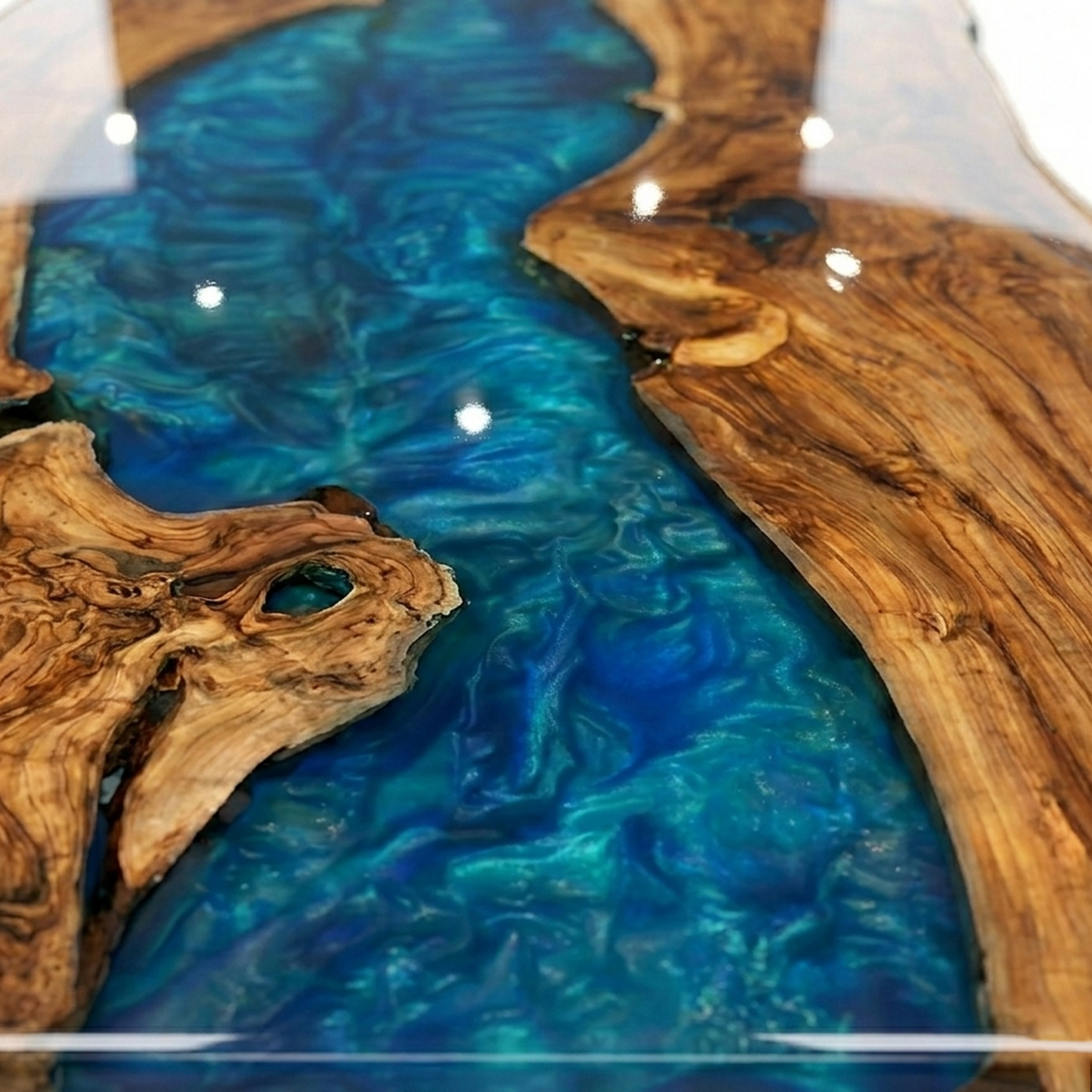 Custom Olive Wood Epoxy River Dining Table