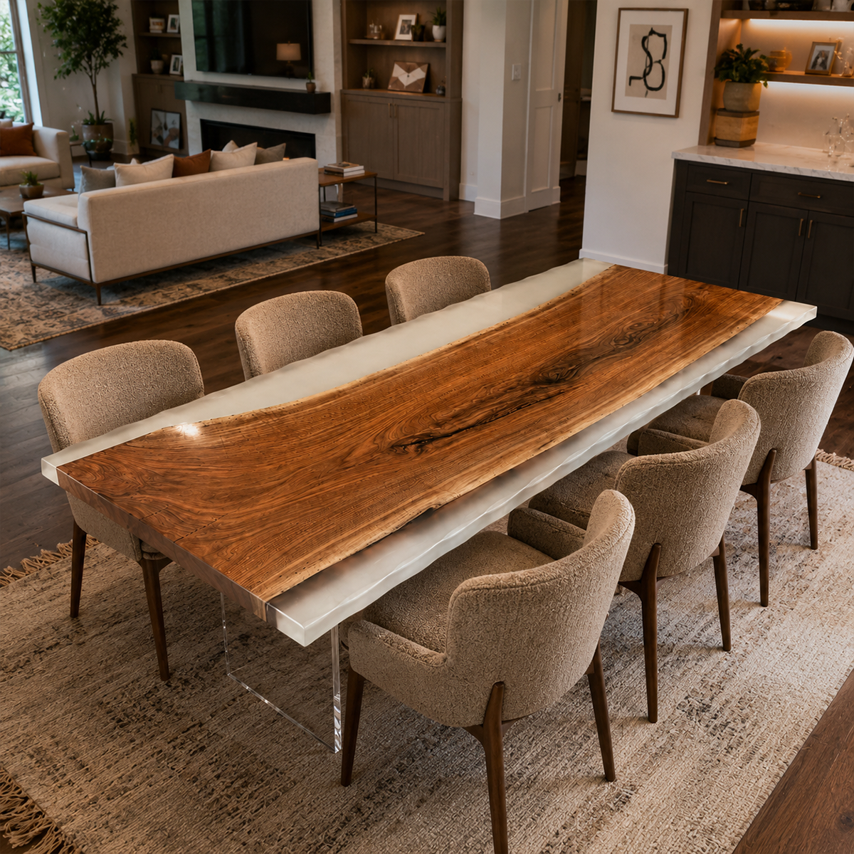Black Walnut Wood with White Transparent Epoxy Resin Dining Table 37.4"W x 94.5"L Thickness 2.0"