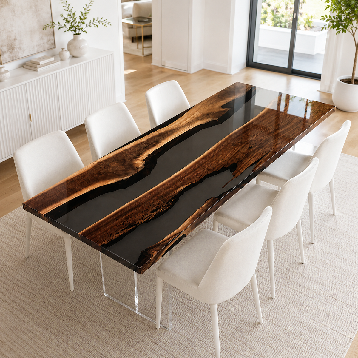 Black Walnut Wood with Transparent Epoxy Resin Dining Table 29.9"W x 71.7"L Thickness 1.6"