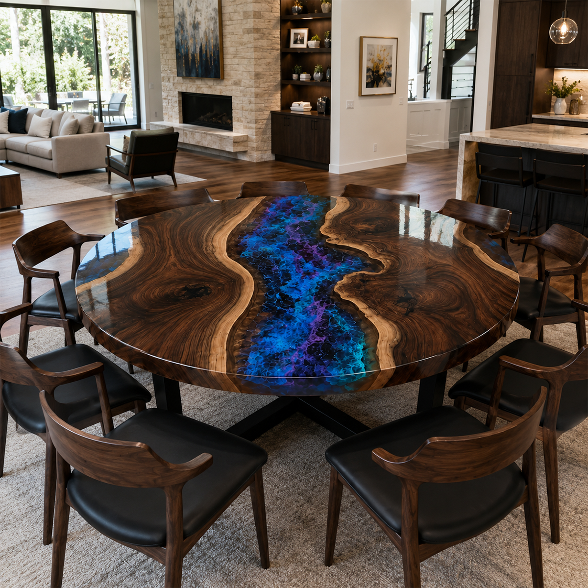 Black Walnut with Sky Epoxy Resin Round Dining Table