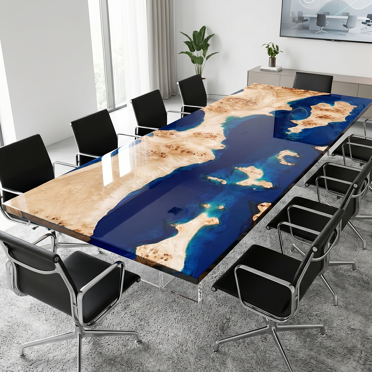 Ocean Archipelago Poplar Wood Blue Wave Epoxy Resin Conference Table