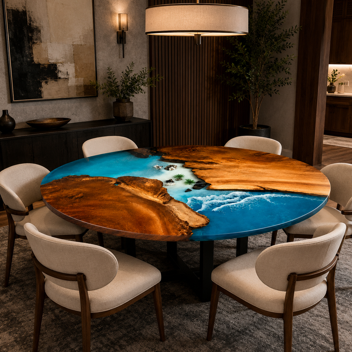 Olive Wood Blue Wave Resin Round Table