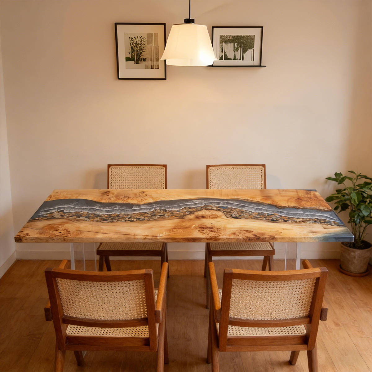Poplar Wood Sea Wave Rectangle Epoxy Resin Dining Table
