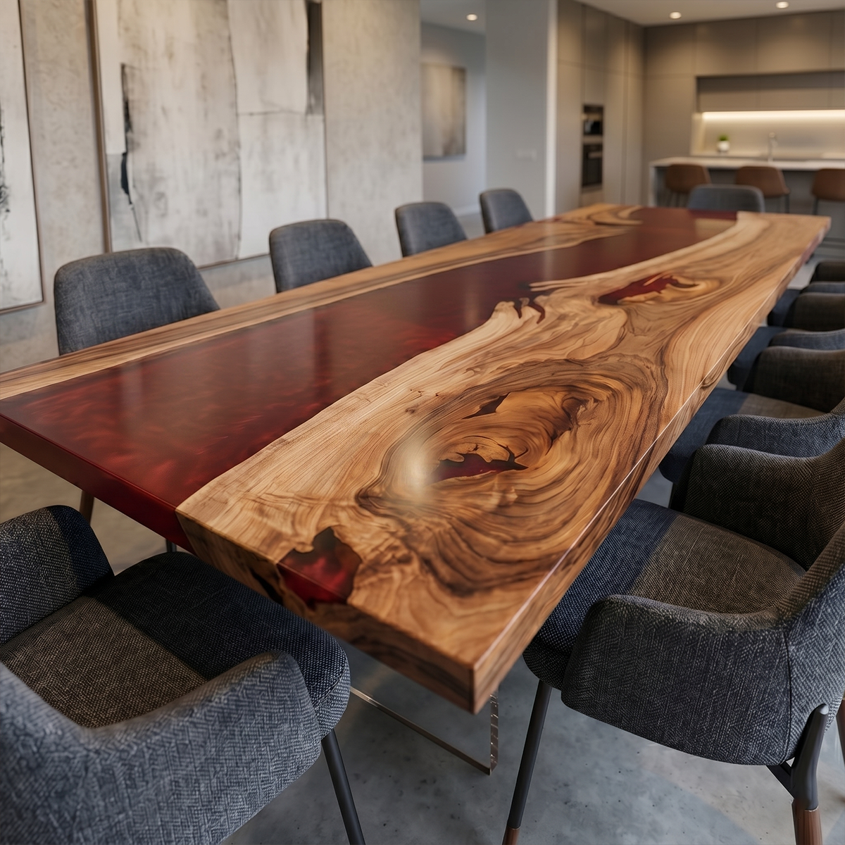 Walnut Wood with Red Epoxy Resin Dining Table