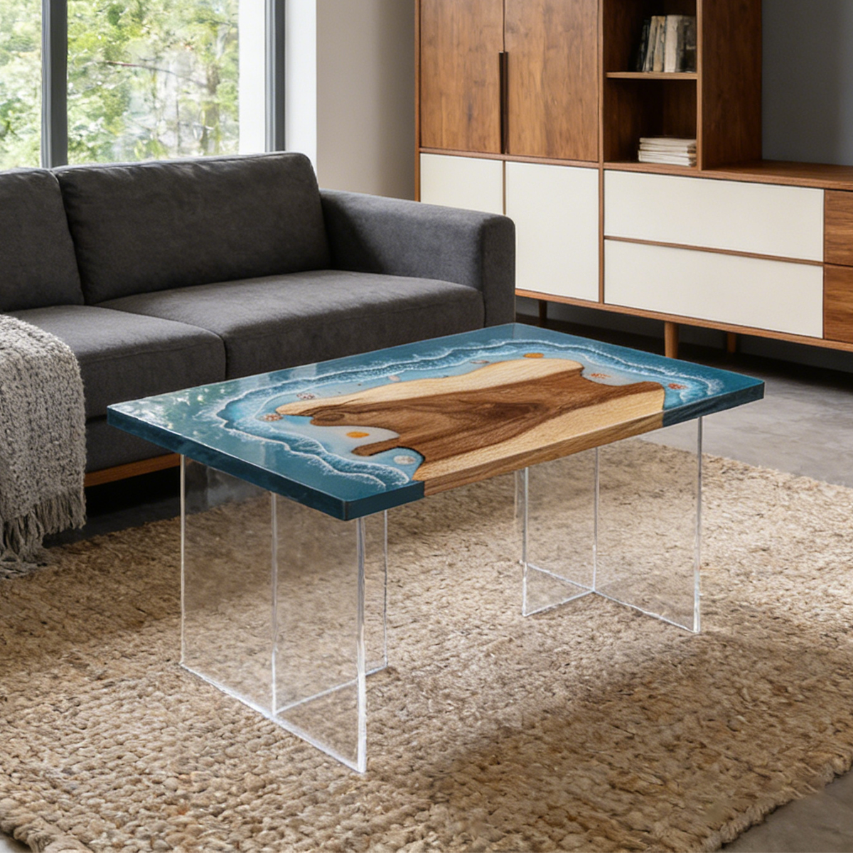 Walnut Wood Blue Wave Rectangle Coffee Table