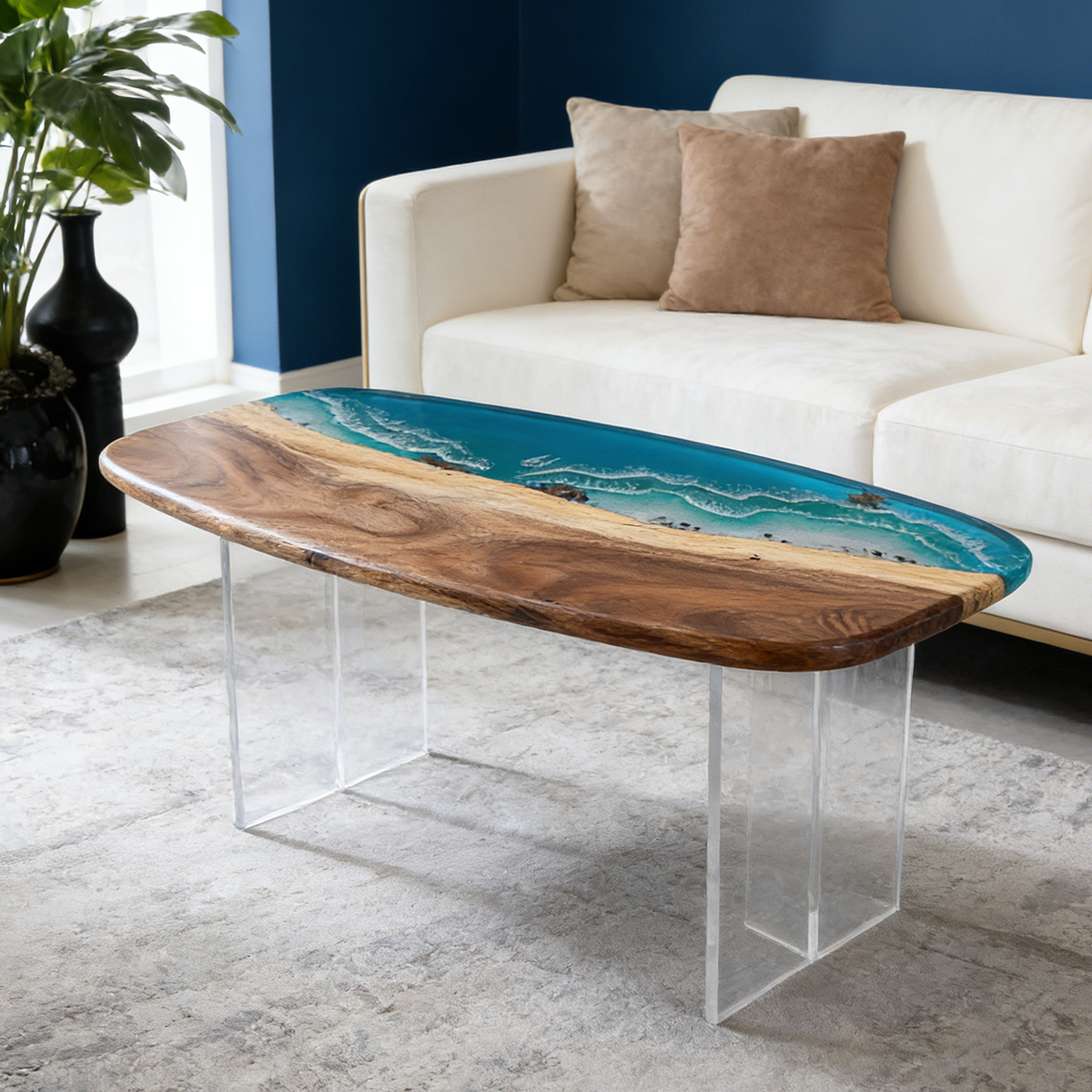 Walnut Wood Blue Wave Rectangle Resin Coffee Table
