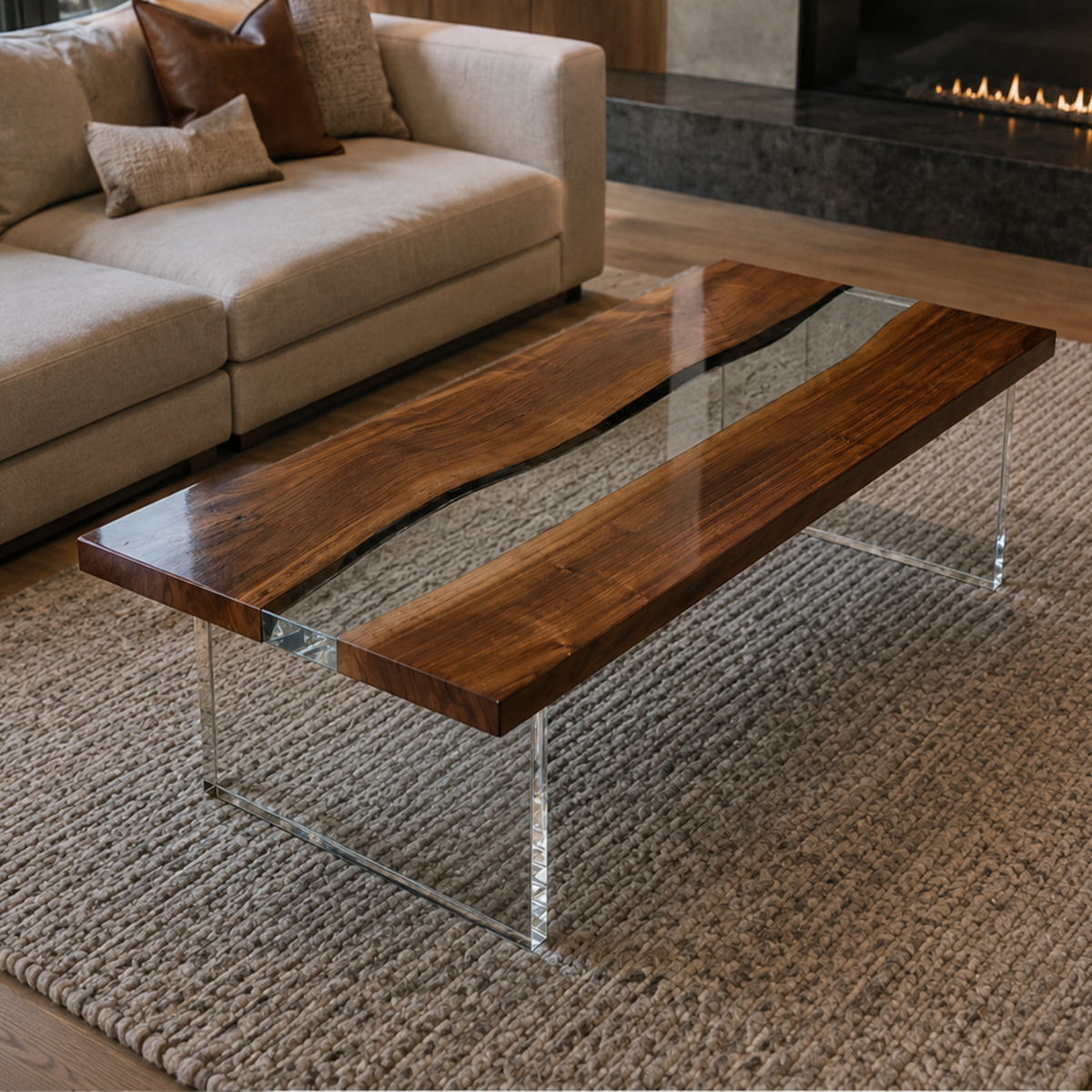 Black Walnut Wood with Clear Epoxy Resin Coffee Table 23.6"W x 47.2"L Thickness 2.0"