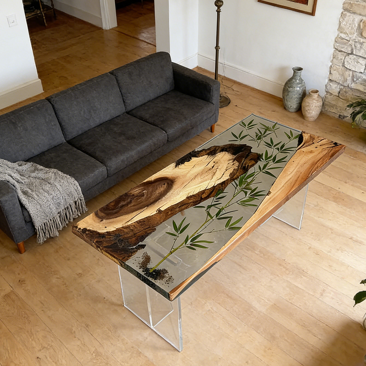Bamboo Inlay Walnut Wood Epoxy Resin Coffee Table