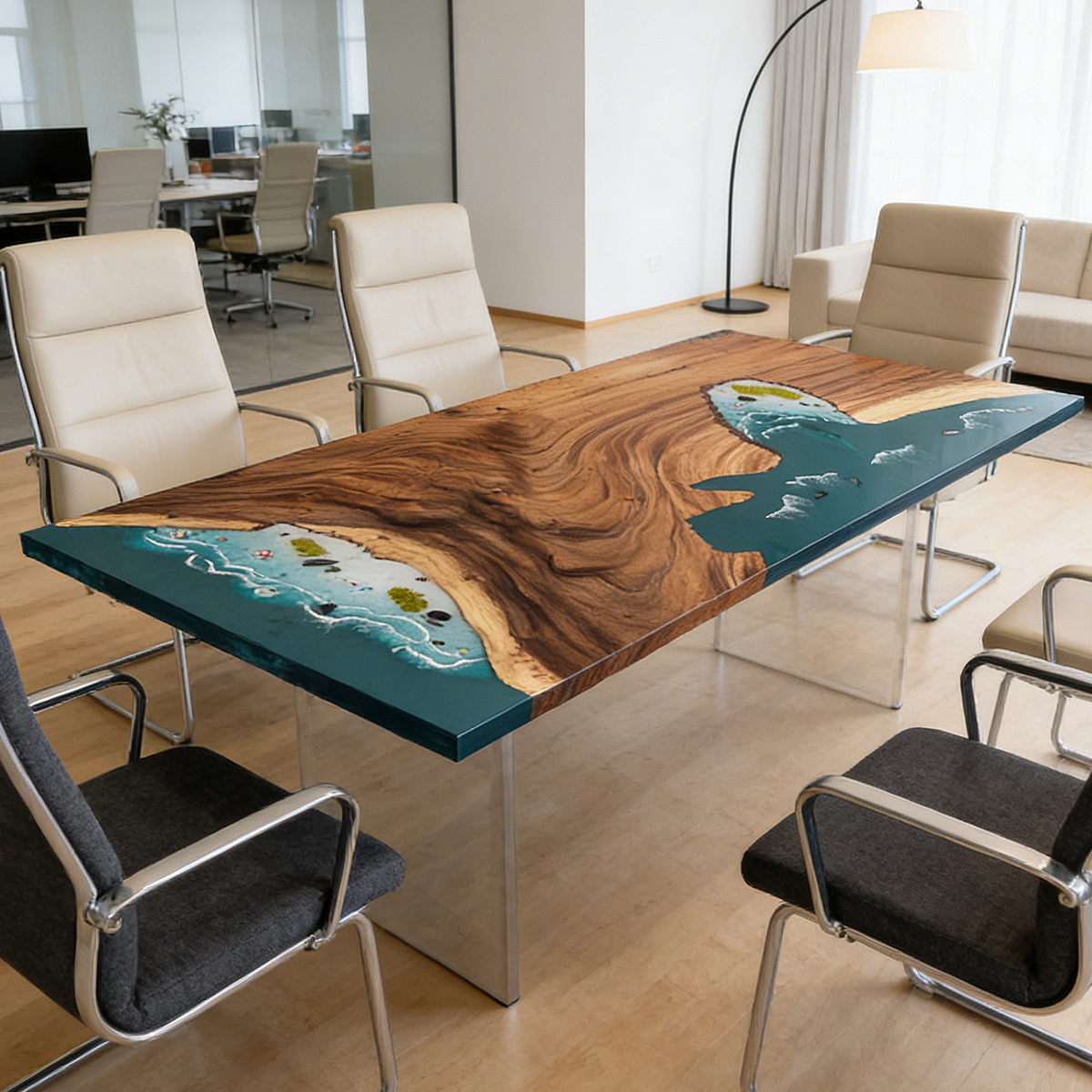 Olive Wood Ocean Scene Rectangle Resin Conference Table