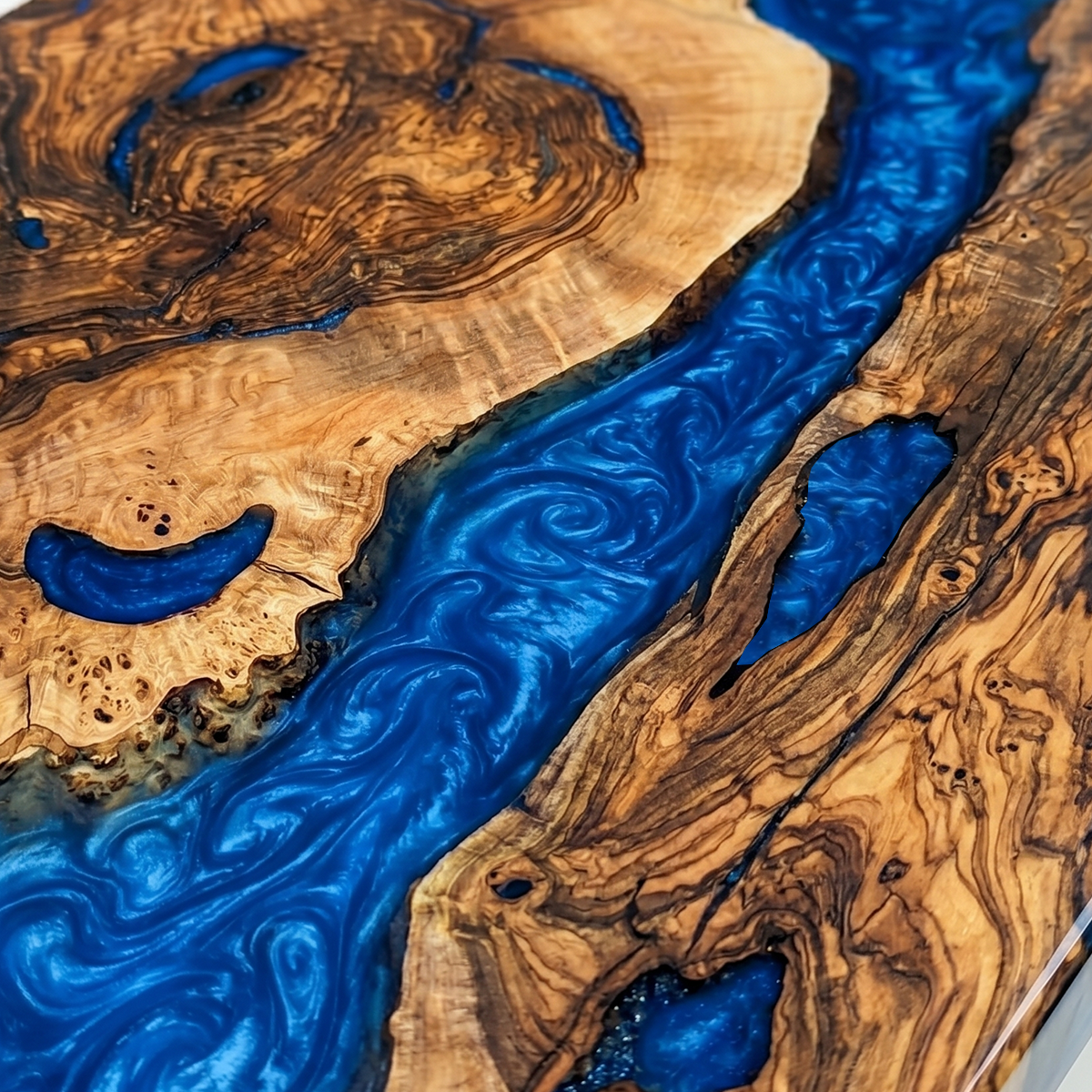 Burl Wood Deep Blue Swirl Epoxy Resin River Dining Table