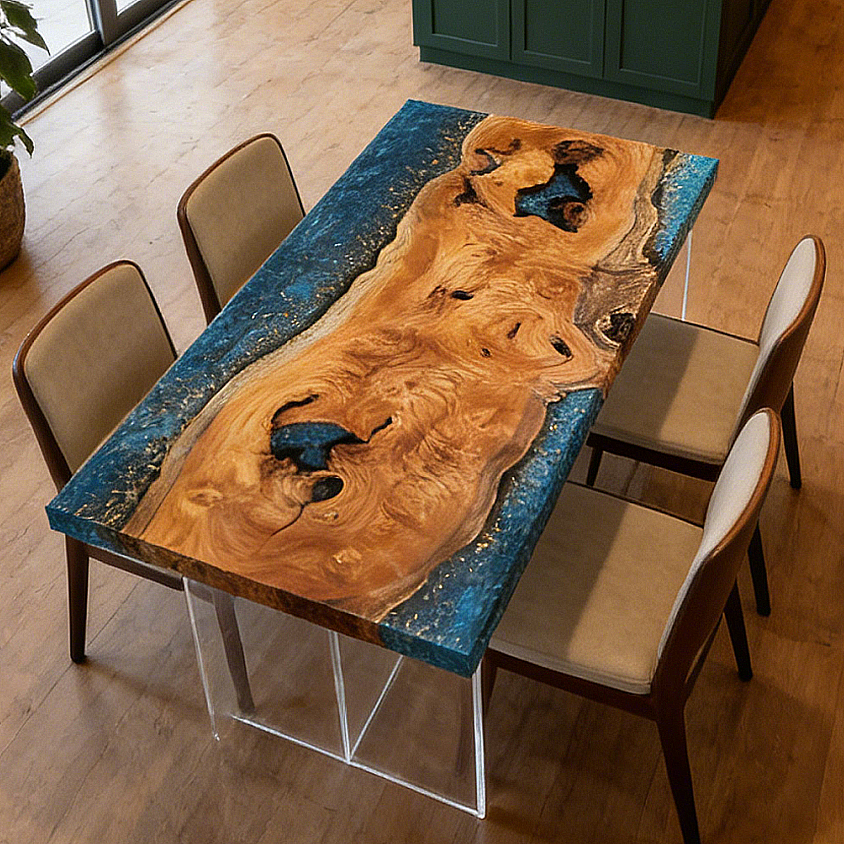 Rectangle Burl Wood Blue Epoxy Resin River Dining Table