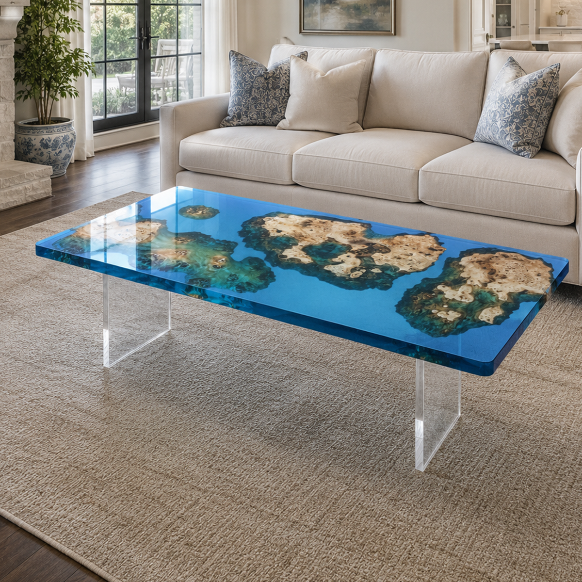 Poplar Wood Ocean Scene Rectangle Resin Coffee Table