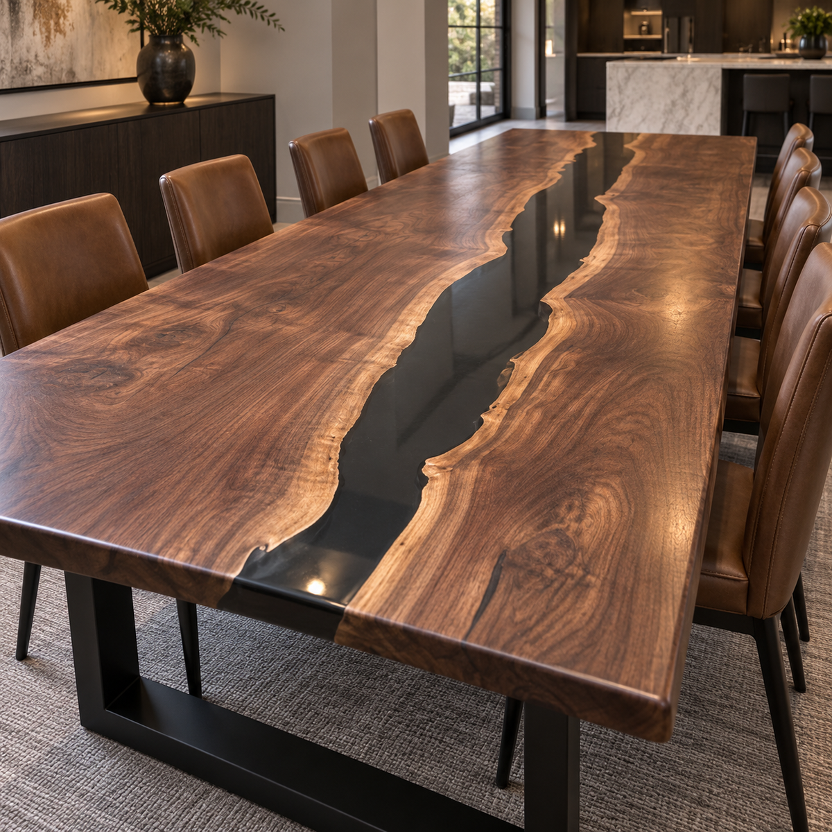Black Walnut Wood Black Epoxy Resin Table for Home Dining Spaces