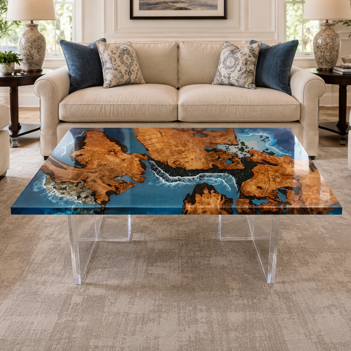 Poplar Wood Ocean Scene Rectangle Resin Coffee Table