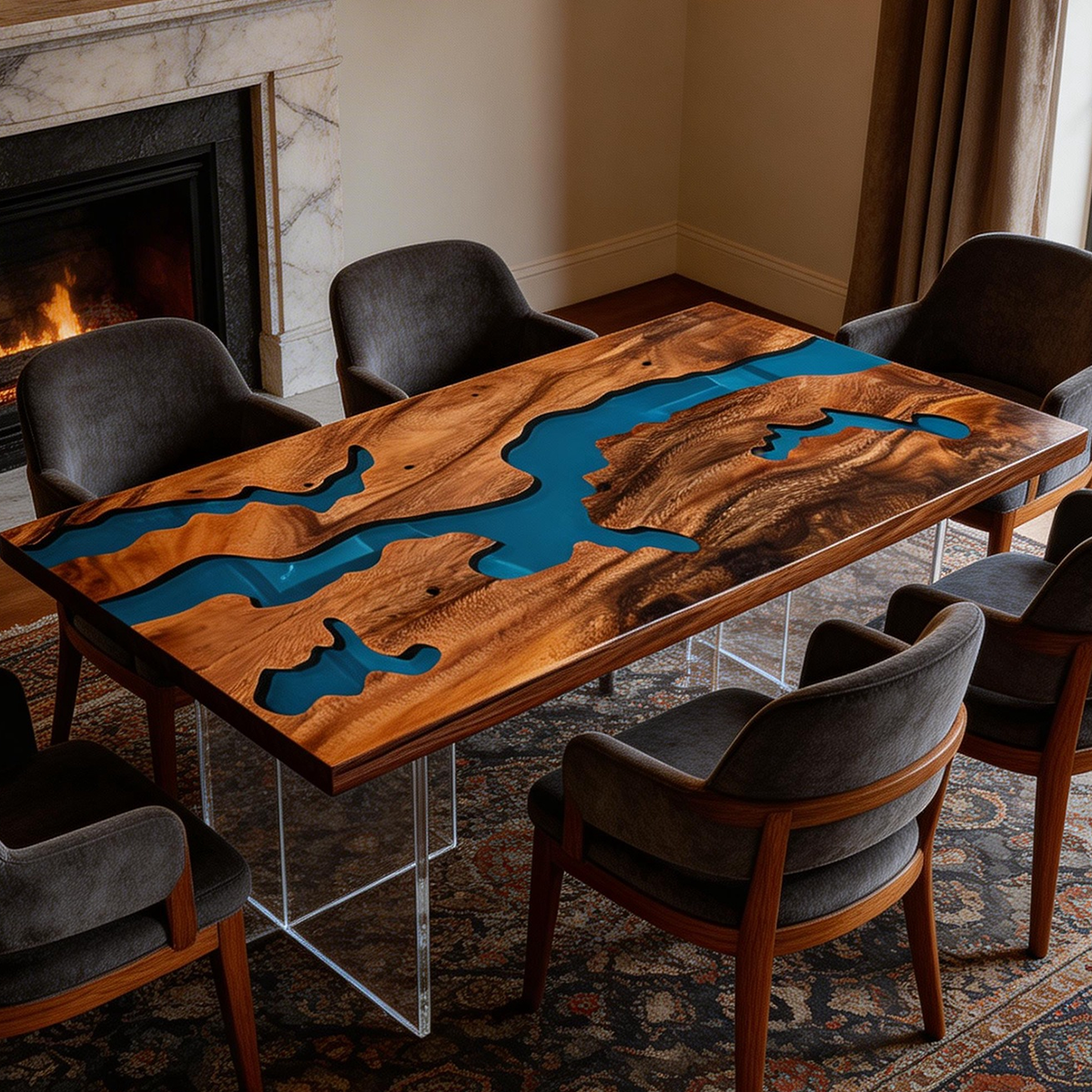 Walnut Wood Blue River Epoxy Resin Dinning Table