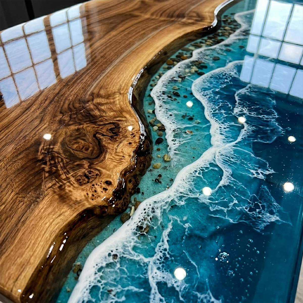 Olive Wood Blue Wave Rectangular Epoxy Resin Dining Table