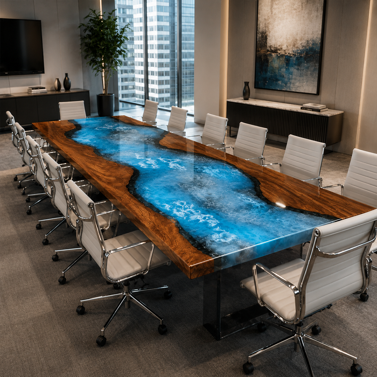 Walnut Wood with Swirl Blue Epoxy Resin Conference Table