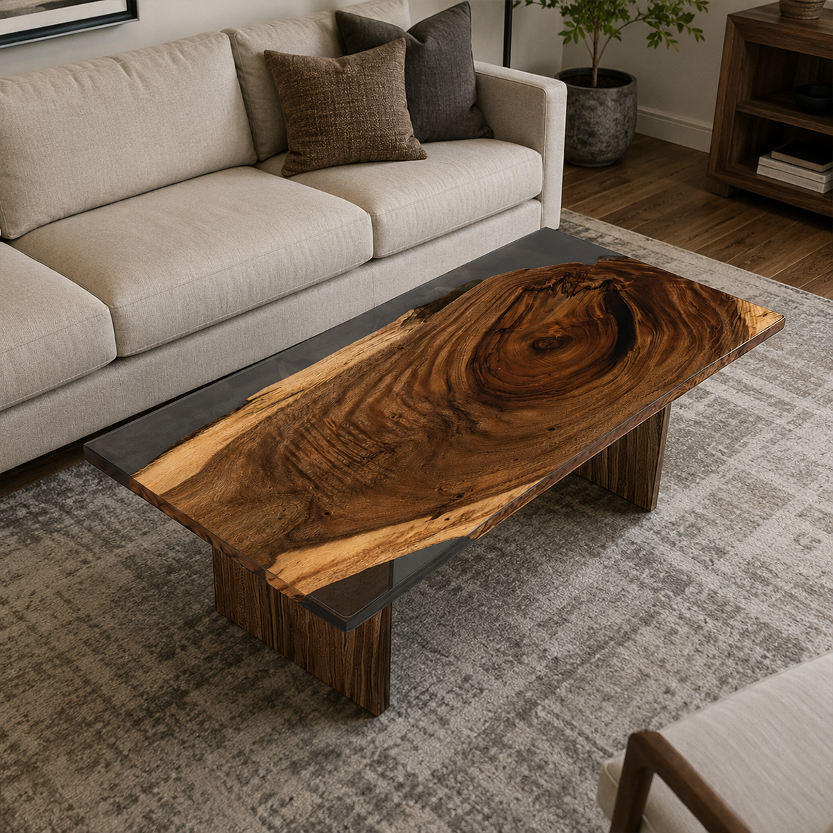 Black Walnut Wood Rectangle Resin Coffee Table