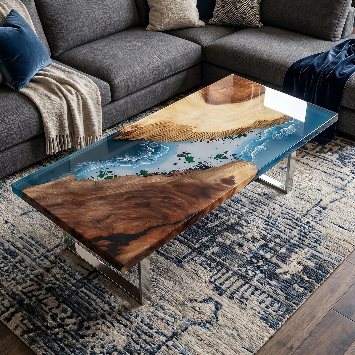 Walnut Wood Rectangle Island Epoxy Resin Coffee Table