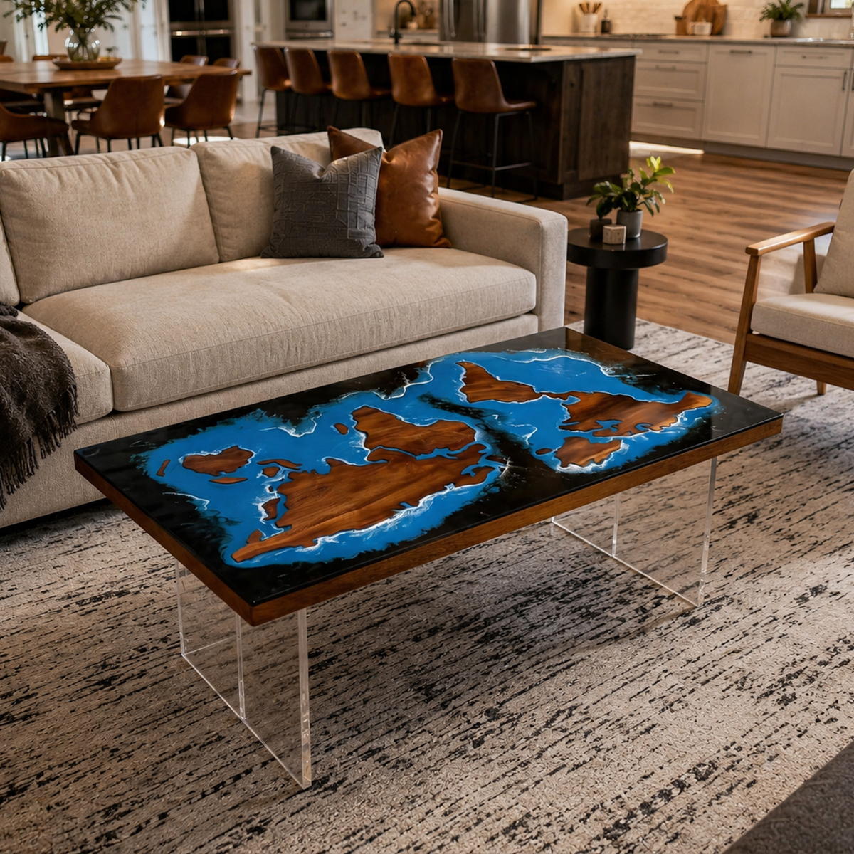 Walnut Wood Blue Ocean World Map Resin Coffee Table