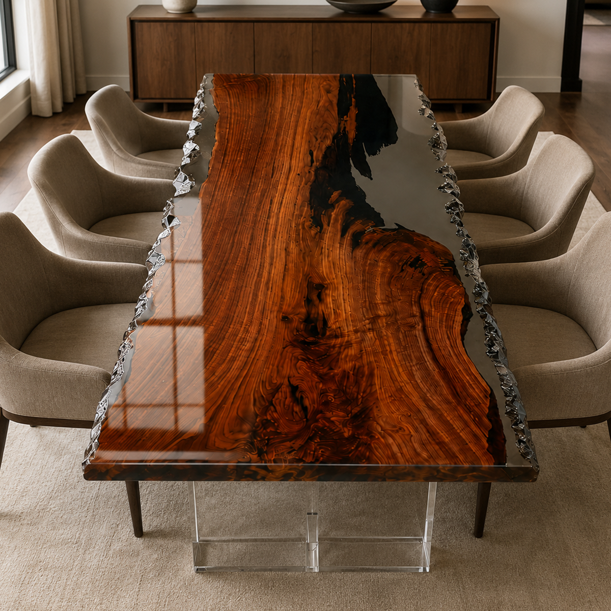 Black Walnut Wood Crystal Edge Transparent Epoxy Resin Dining Table 35.4"W x 74.8"L Thickness 2.0"