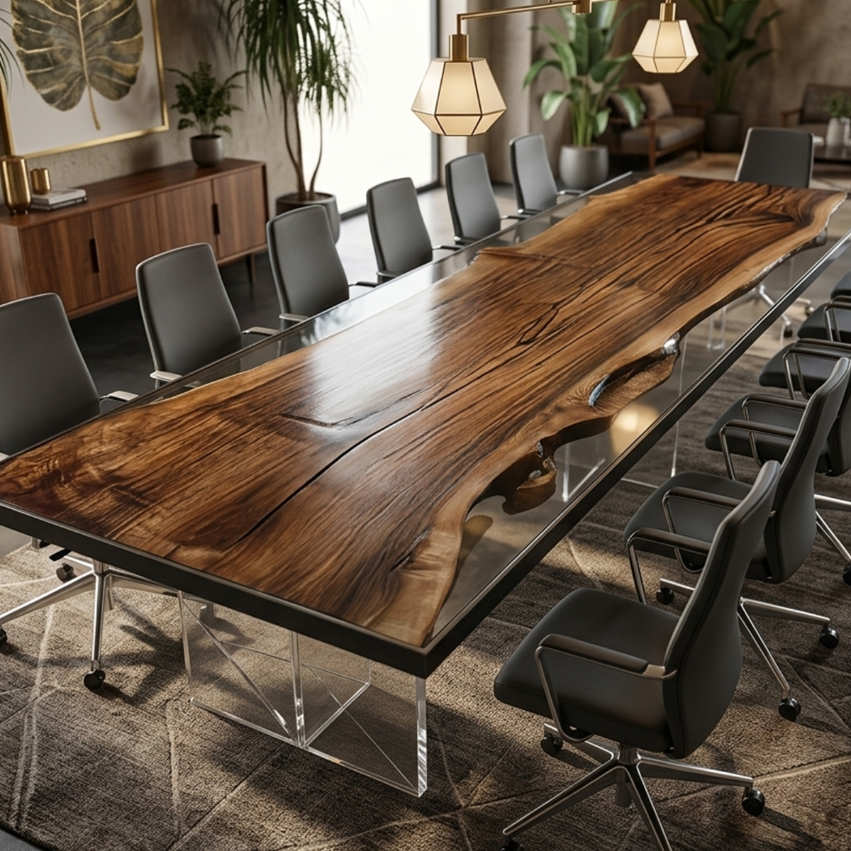 Black Walnut Wood Rectangle Epoxy Resin Conference Table